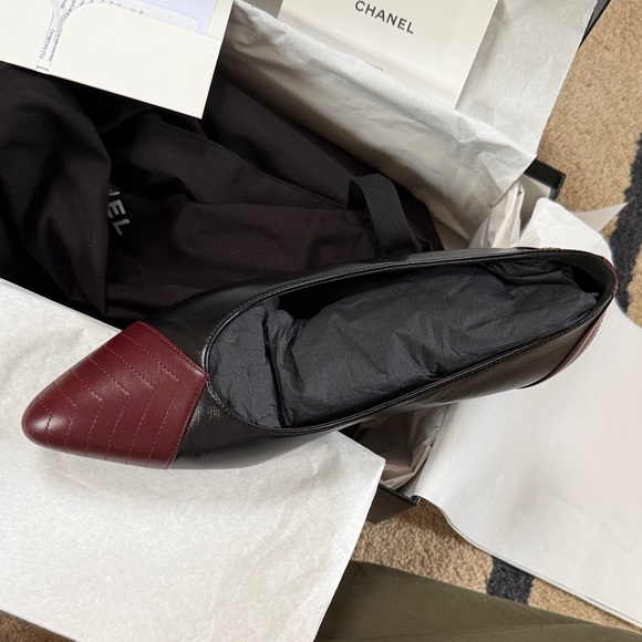 CHANEL Shoes - CHANEL Two-Tone Pointed Leather Flat in Black & Burgundy